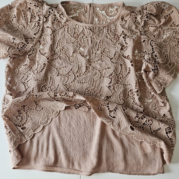 NWOT Express Embroidered Crochet Puff Sleeve Top - Picture 7 of 10